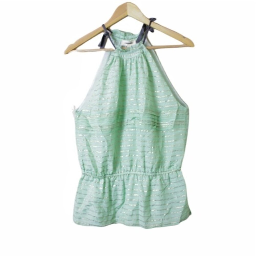 L'AGENCE Green Tie-Shoulder Halter Top with Gold Metallic Stripes